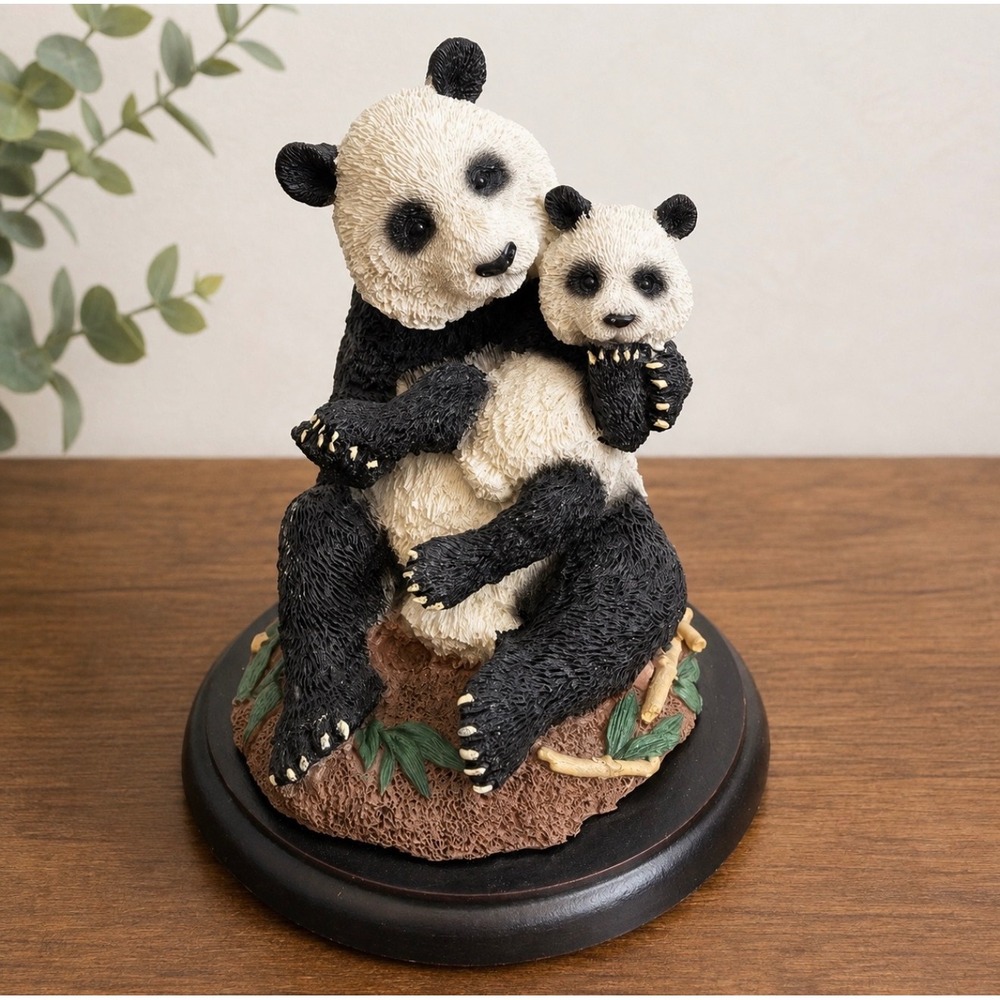 Panda Mother & Baby Figurine Collectible Wildlife Statue on Wood-Look Base 5"